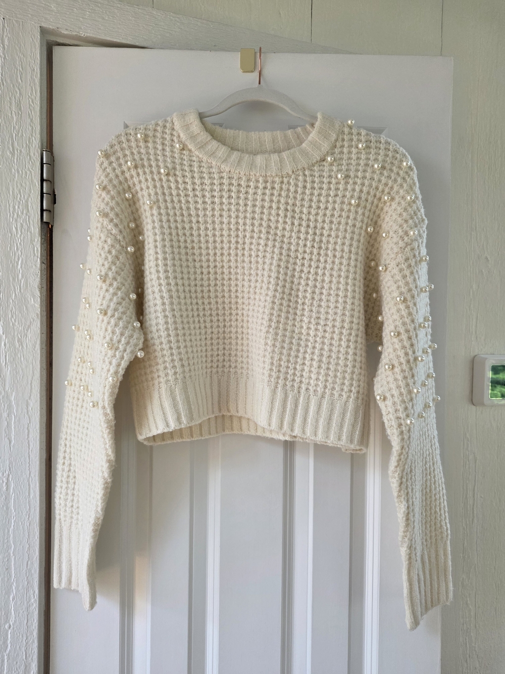 Altar'd State Cream Pearl-Embellished Cropped Crewneck Sweater